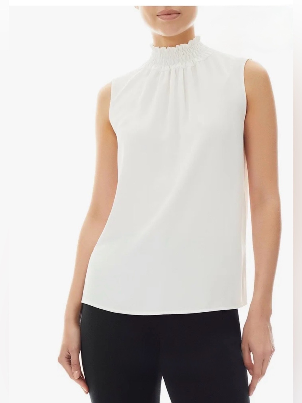 Ming Wang White Sleeveless Smocked Neck Blouse